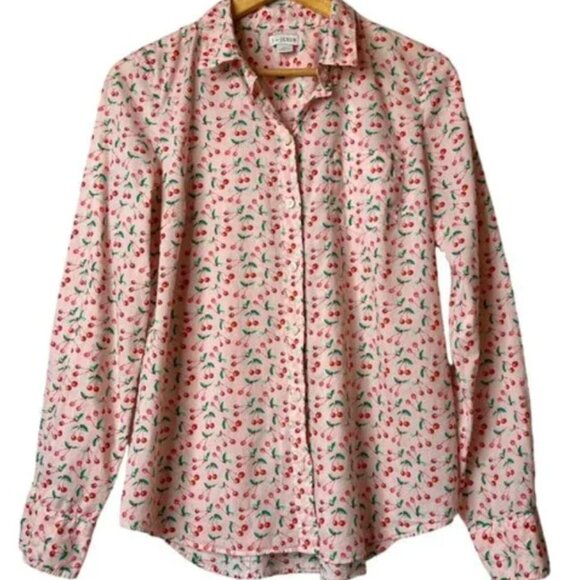 J by J Crew Women's Pink Cherry Print 100% Cotton Shirt, XL - Picture 1 of 6